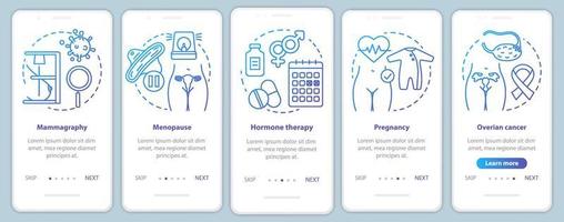 Women healthcare blue onboarding mobile app page screen vector template