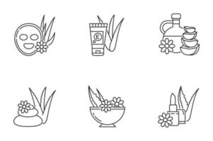 Aloe vera pixel perfect linear icons set. Cosmetology and dermatology. Spa treatment. Facial mask. Customizable thin line contour symbols. Isolated vector outline illustrations. Editable stroke