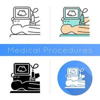 Ultrasound diagnostics icon. Ultrasonography. Medical procedure. Healthcare services. Patient chest examination. Disease treatment. Flat design, linear and color styles. Isolated vector illustrations