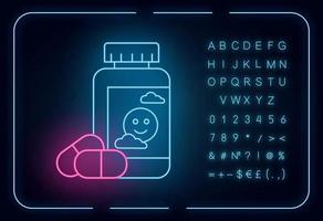 Antidepressant neon light icon. Depression medication. Pills and drugs in bottle. Painkiller and supplement. Glowing sign with alphabet, numbers and symbols. Vector isolated illustration