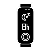 Fitness tracker with sleep time indication glyph icon. Gadget for monitoring night rest duration. Wellness device with relax control. Silhouette symbol. Negative space. Vector isolated illustration