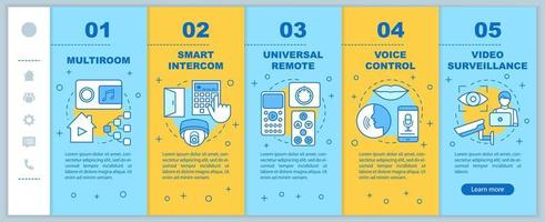 Smart home onboarding mobile web pages vector template. Automation systems Responsive smartphone website interface idea with linear illustrations. Webpage walkthrough step screens. Color concept
