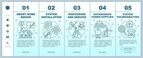 Plantilla de vector de páginas web móviles de incorporación de casa inteligente. sistema de domótica. Idea de interfaz de sitio web de teléfono inteligente sensible con ilustraciones lineales. pantallas de pasos del tutorial de la página web. concepto de color
