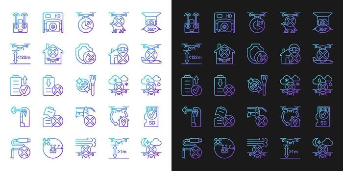 Iconos de etiquetas manuales de gradiente de uso de drones configurados para modo oscuro y claro vector