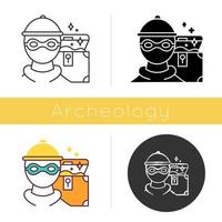 Marauding icon. Treasure hunter. Artifact robbery. Criminal in mask. Open chest with gold. Muggery. Theft of ancient artifact. Flat design, linear and color styles. Isolated vector illustrations