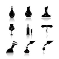 Alcohol drinks tableware drop shadow black glyph icons set vector