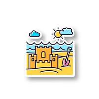 Ocean beach patch. RGB color printable sticker. Marine shore. Sand castle. Maritime family vacation. Trip to exotic country. Vector isolated illustration