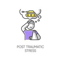 Post-traumatic stress color icon. Veteran with anxiety. Depressed soldier. Loneliness and sorrow. Distress thoughts of war. PTSD psychotherapy. Mental disorder. Isolated vector illustration