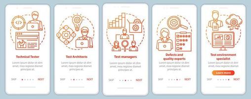 Software testing roles orange onboarding mobile app page screen vector template