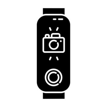 Fitness tracker with camera on display glyph icon. Wellness gadget with photo option. Modern device with distance camera control. Silhouette symbol. Negative space. Vector isolated illustration