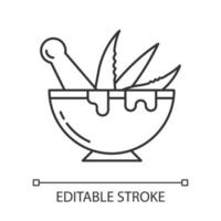 Mortar with pestle pixel perfect linear icon. Graining leaves. Aloe vera sprouts in bowl. Thin line customizable illustration. Contour symbol. Vector isolated outline drawing. Editable stroke