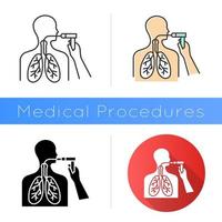 icono de broncoscopia. control de las vías respiratorias. examen de riesgo de cáncer de pulmón. procedimiento médico. endoscopia de tórax. comprobación de la anatomía. diagnóstico de enfermedades. diseño plano, estilos lineales y de color. ilustraciones vectoriales aisladas vector