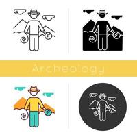 Adventurer icon. Man in hat with tools. Discovery of egyptian artifacts. Pyramid exploration. Ancient monument expedition. Flat design, linear and color styles. Isolated vector illustrations