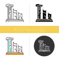 Ancient ruins icon. Broken columns. Greek pillars. Lost cities and civilizations. Archeology. Historical monuments. Flat design, linear and color styles. Isolated vector illustrations