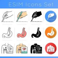 Medical procedure icons set. Surgery cut. Gastroscopy. Electrocardiogram. Pulse rate. Healthcare. Disease diagnosis. Flat design, linear, black and color styles. Isolated vector illustrations