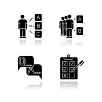 Survey drop shadow black glyph icons set. Personal questioning. Mass poll. Group test. FAQ sign. Question and answer. Written checklist. Share opinion. Tick checkbox. Isolated vector illustrations