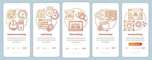 Non-functional software testing orange onboarding mobile app page screen vector template