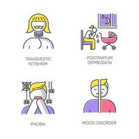 Mental disorder color icons set. Transvestic fetishism. Postpartum depression. Phobia. Panic attack. Mood disorder. Deviation and perversion. Woman crying. Isolated vector illustrations