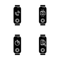 Fitness tracker and smartphone synchronization glyph icons set. Incoming call and lost phone location option. Distance camera access and stopwatch. Silhouette symbols. Vector isolated illustration