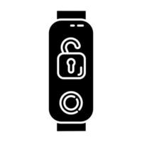 Fitness tracker with open padlock glyph icon. Wearable wellness device with remote unlocking function, security control option. Silhouette symbol. Negative space. Vector isolated illustration