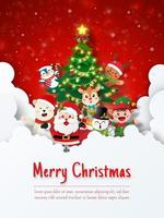 Postal navideña de santa claus y lindos animales navideños con árbol de navidad en el cielo vector