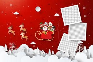 Santa Claus and friends on a sleigh with snowman holding photo frame flying in the village vector