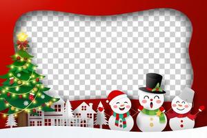 Christmas postcard of Snowman in the village with blank transparent background vector