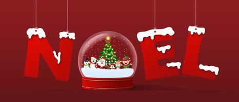 Santa Claus and friend in a snow globe with NOEL hanging word, Merry Christmas vector