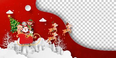 Christmas banner of Santa Claus and friend on a sleigh in the village with transparent background vector