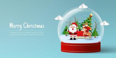 Christmas banner of Santa Claus and reindeer in snow globe