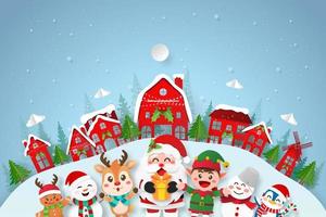 Paper cut illustration of Santa Claus and friend in the village vector