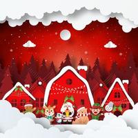 fiesta de navidad con santa claus y amigo en el pueblo vector