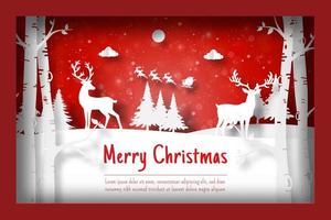 Paper cut of reindeer in the forest, Merry Christmas and Happy New Year vector