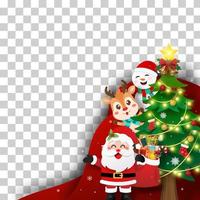 Christmas layer postcard of Santa Claus and friends with Christmas tree on transparent background