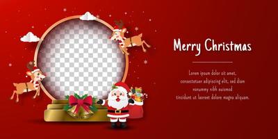 Christmas postcard banner of Santa Claus and reindeer with blank snow globe vector