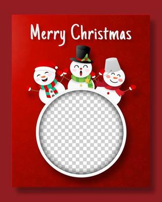 Christmas postcard of blank photo frame with three snowmans