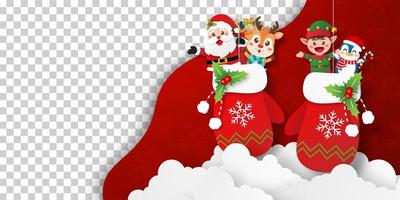 banner navideño de santa claus y amigo en guante navideño con fondo transparente vector