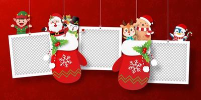 Banner de postal navideña de santa claus y amigos en guante de navidad con marco de fotos vector