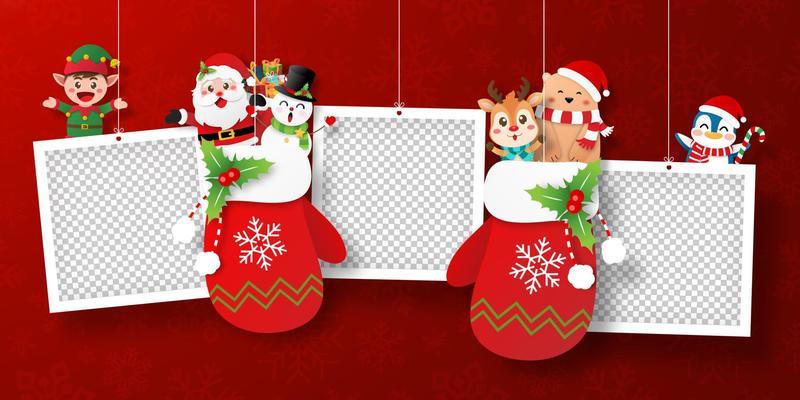 Christmas postcard banner of Santa Claus and friends in Christmas glove with photo frame