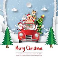 postal de navidad de santa claus y amigo en el coche de navidad vector