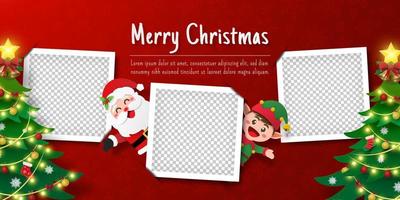 Banner de postal navideña de santa claus y elfo con marco de fotos en blanco vector