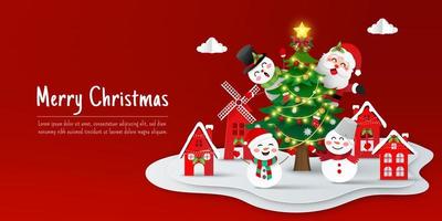 banner navideño de santa claus y muñeco de nieve en el pueblo, ilustración de corte de papel vector