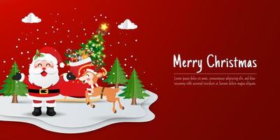 Merry Christmas and Happy New Year, Christmas banner postcard of Santa Claus and reindeer with sleigh in pine forest vector