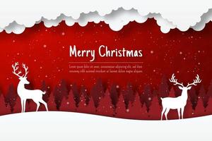 postal navideña de renos en el bosque, ilustración de corte de papel vector