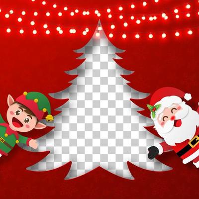 Transparent background Christmas tree frame with Santa Claus and elf, Merry Christmas