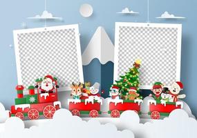 Santa Claus and friend on Xmas train at the snow mountain with blank photo frame vector