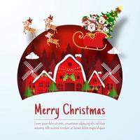 Santa Claus and friend on a sleigh coming to the village, Paper cut illustration vector