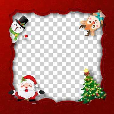 Christmas frame of Santa Claus and friend with transparent background, Paper cut illustration