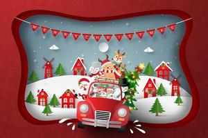 ilustración de corte de papel de santa claus con coche de navidad en el pueblo vector