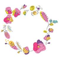 Bright colors summer floral round frame. Wreath with neon color flowers. White background